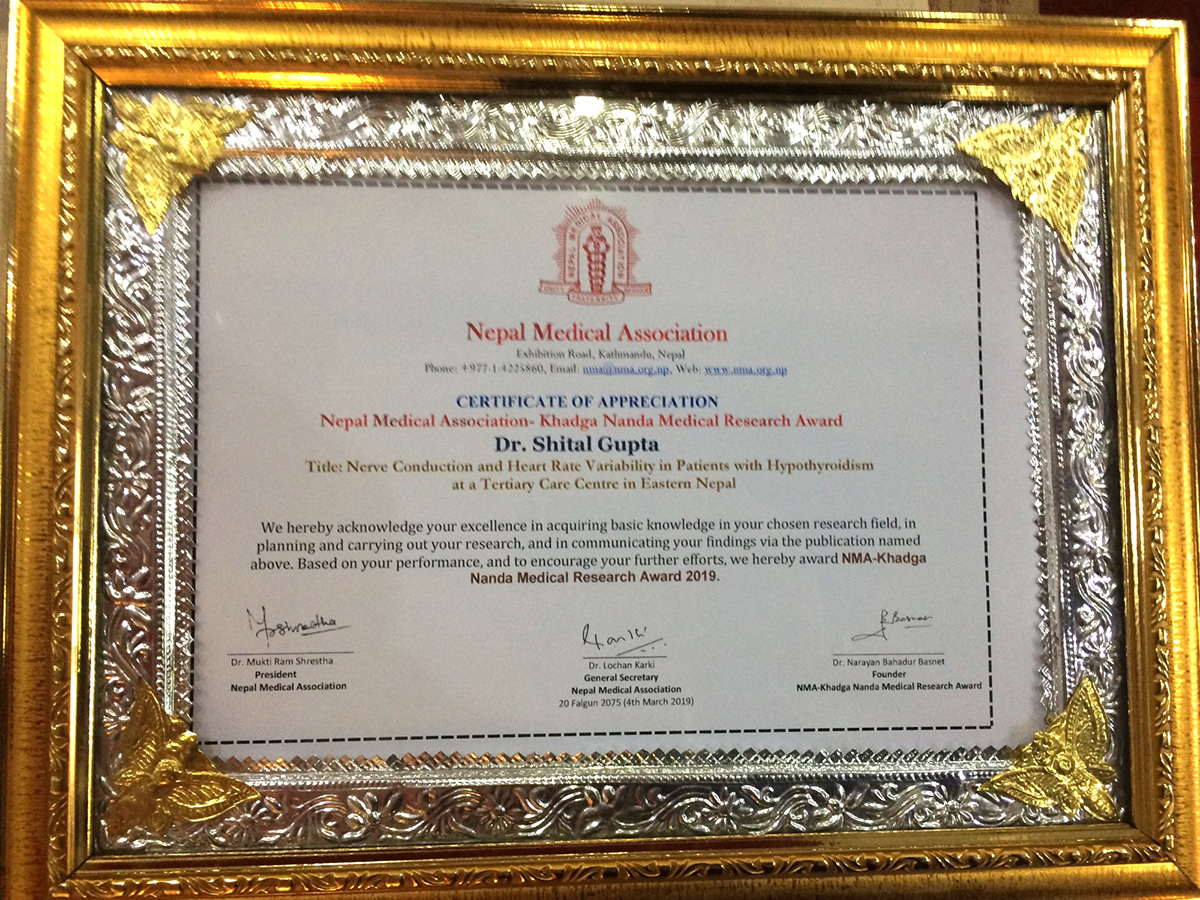 NMA-Khadga Nanda Medical Research Award 2019 to Dr. Shital Gupta, BPKIHS. Dharan